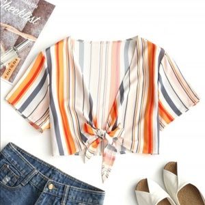 Striped Front Tie Crop Top